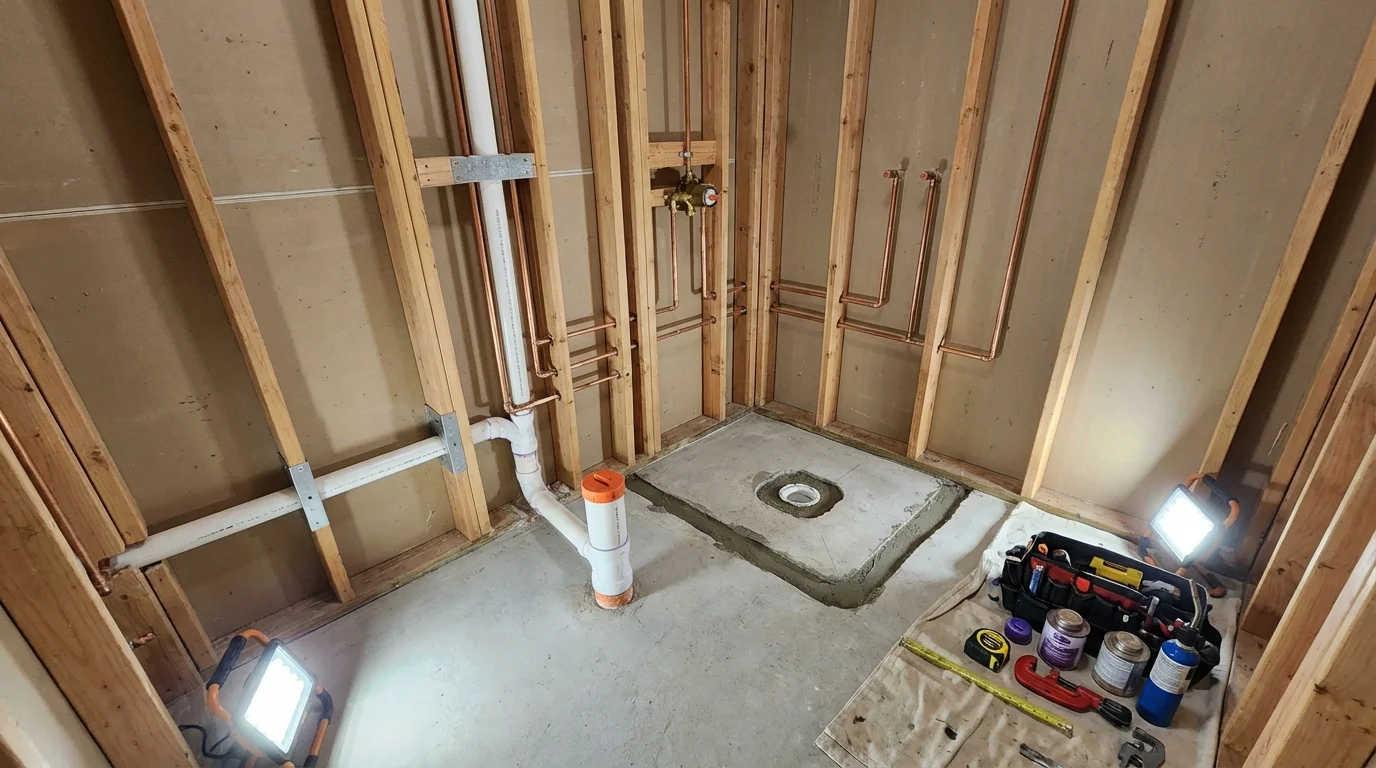 Bathroom rough-in plumbing during remodel by Johns Plumbing LLC in Fort Defiance