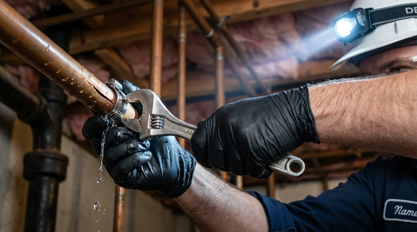 Emergency pipe clamp repair being performed by a Johns Plumbing LLC plumber in Fort Defiance